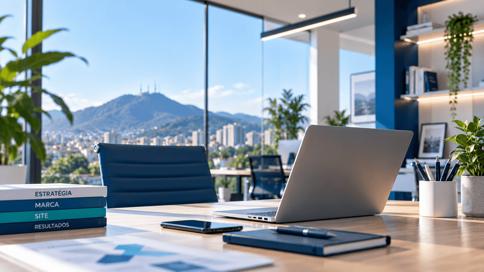 Ambiente de trabalho com notebook, livros e anotações sobre uma mesa, iluminado por grandes janelas.