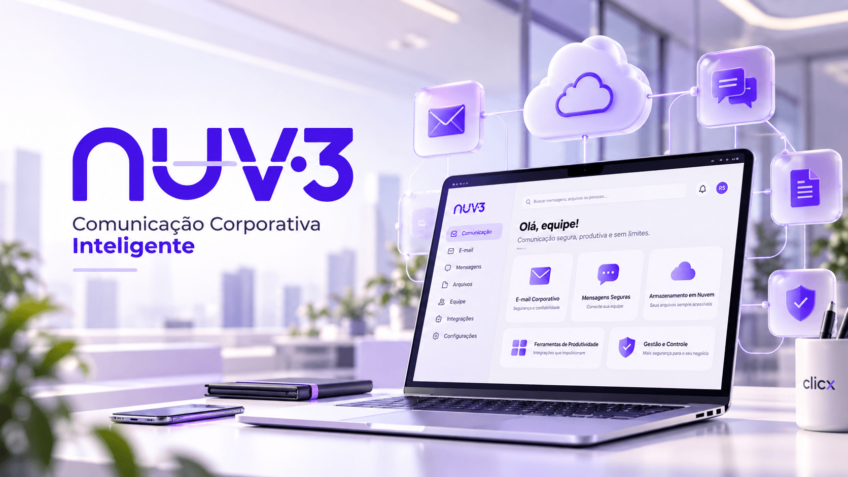 Ativo oficial da NUV3, com identidade roxa e representação de ferramentas de comunicação corporativa em um notebook.