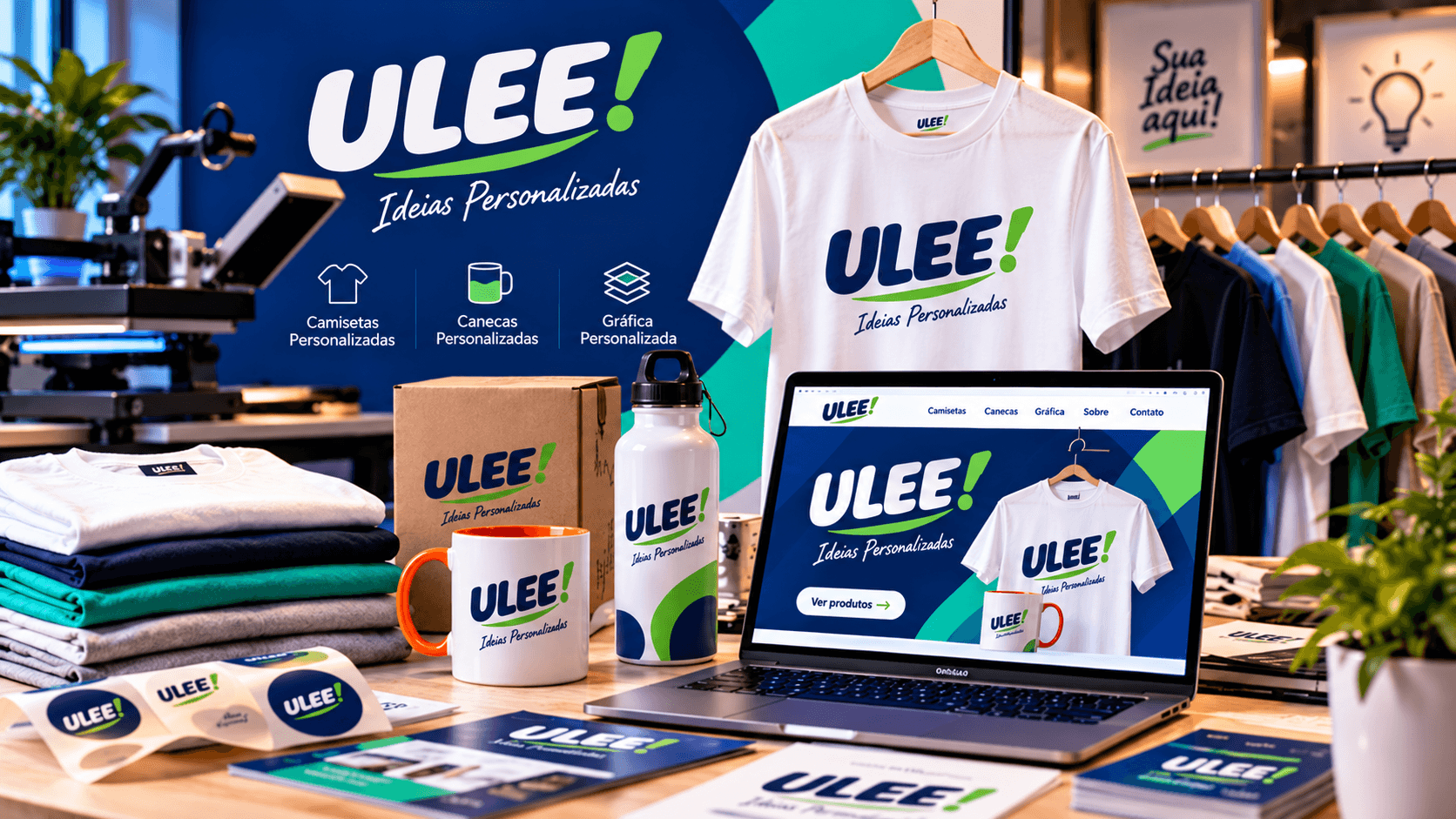 Identidade Ulee aplicada a camisetas, embalagens, produtos personalizados e presença digital.