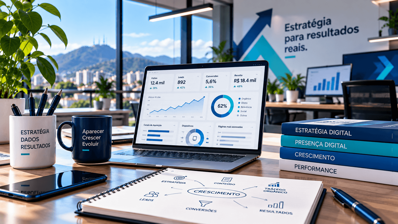 Ilustração de um ambiente de planejamento, com notebook, livros de estratégia digital e um mapa de crescimento sobre a mesa.