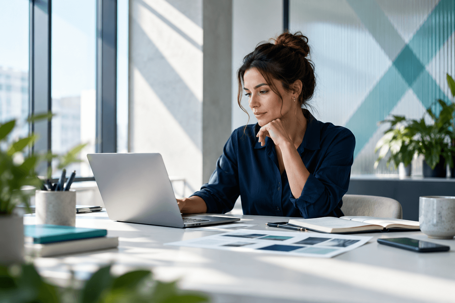 Profissional analisando informações no notebook, com anotações e materiais de planejamento sobre a mesa.